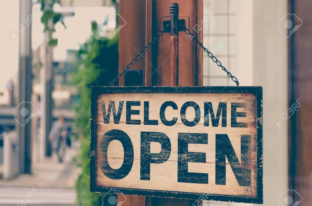 Wood open sign board hang on shop wood door , Open sign , Open signboard